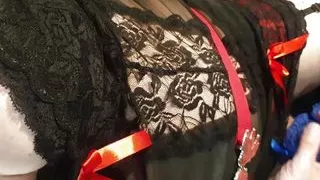 Shemale cum through panties, in lingerie and stockings