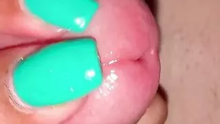 Up close pov frenulum tease on dick head with thumbs and beautiful nails