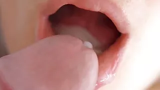 Super Closeup Cum In Mouth, Her Sensual Lips & Tongue Make Him Cum