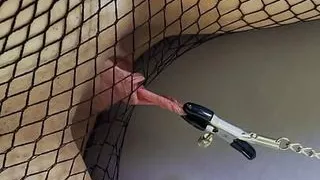 Play with cunt through fishnet pantyhose