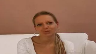 Sexy German blonde in heat masturbates her wet pussy in front of the spotlight