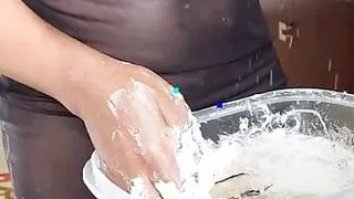 Little ebony tits nipples pussy while rolling dough baking