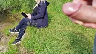 Man Flashes Cock in Public and cumshot near beautiful blonde girl, she look how his jerkoff hard dick and cum on her body