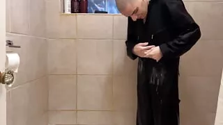 Dec 11 2022 - Dark blue coveralls omorashi pee and shower