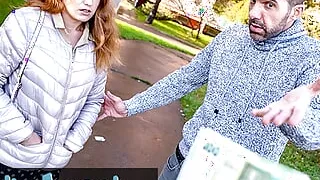 Public Agent Tight Spanish babe gives blowjob and fuck behind husbands back
