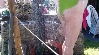 The old horny neighbor stretches while showering !!! Not even in peace showering is in it