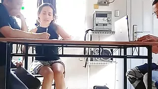 Unfaithful wife sucks the collector's cock and swallows the cum behind the cuckold's back under the table.