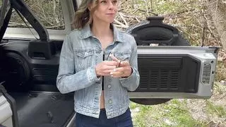 Husband drives car while wife fucks and gets creampie by friend in back seat