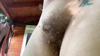 Smoking Nude Outside Hairy Pussy and Ass