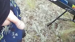 the bitch sits in the car and jerks off my dick in nature until I cum close up