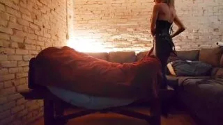 Slipping on my Strap-on harness so I can peg his ass