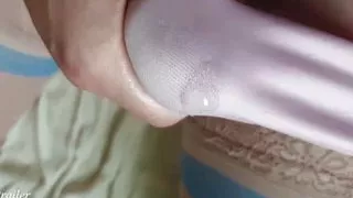 Shemale cums through pink panties, stockings POV