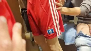 Jerk off and blowjob Action in a public changing room