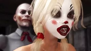 Joker bangs rough a cute sexy blonde in a clown mask in the abandoned room