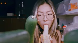 Hungry teen fucks herself with a cucumber while sucking cock for some extra protein