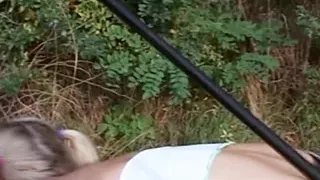 Beautiful blonde girl taking a hard cock in the middle of the woods