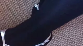 Suntan pantyhose and black tights layers and nice silver helled sandals