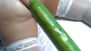 Eggplant in the pussy and cucumber in the ass