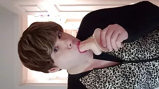 Sexy Sissy Cunt Gags on Dildo Cock