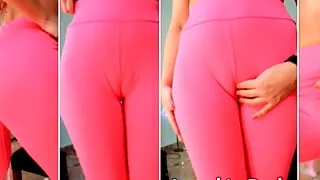 Fit Girl in Yoga Leggings Camel Toe. She gets wet from Touching her Pussy