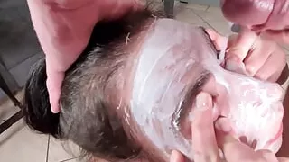 Girl sucking my dick, getting a facial after giving herself a mask facial, pissing facials off