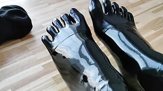 Putting on latex toe socks and shoes