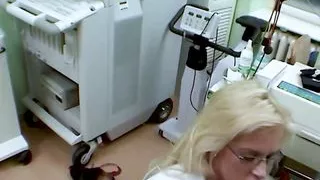 Doctor and nurse with blonde patient slut in hospital threesome