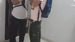 Desi college students fun in Toilet Giving blowjob to eachother