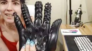 trying out a dildo glove