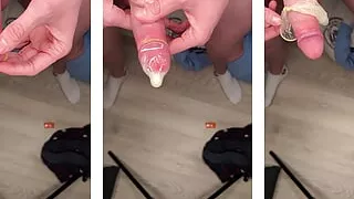 Young twink shooting a hot load inside a condom
