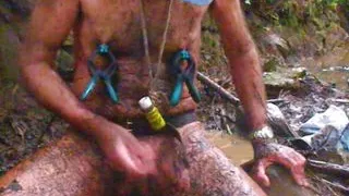 a very hard hike in stream, mud and cold water, clamps and hard wanking