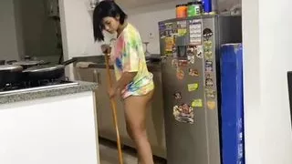 Sexy stepmother washes the dishes in her underwear while her son fucks her.