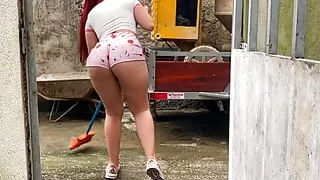 Very hot maid cleaning the construction site