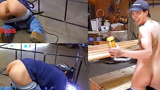 Crazy welder stretches his ass all day at work with a glass plug