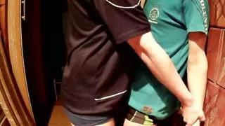 Boyfriends hump each other and cum, recording from feet view