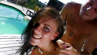 Tall young guy stuffs his girls anus by the pool with an appetite