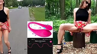Public flashing and pissing in the Park with a Remote Vibrator