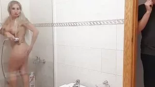 Hot Blonde Stepmom Caught In The Shower And Sucks Cock