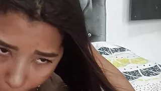 I put my whole big cock in her mouth and she asks for cum inside her mouth, she's dark-haired