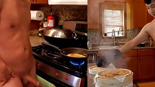Husband cooking Chinese food naked in the kitchen