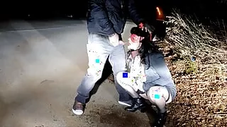 Piss Whore in dog collar receives golden shower and hot cum in her mouth in a public road interrupted by traffic