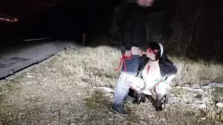 Mom in nun cosplay on leash receives hot cum on face on public road