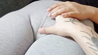 The leggings mark her big pussy and she invites me to touch her inside