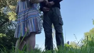 He took off his panties from his mother-in-law and offered to masturbate his dick on the street