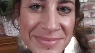 Tatted brunette Mona Love excitedly auditions to show off her milf blowjob skills on camera