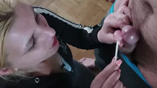 Sexy Milf Sucks Lollipop And Big Dick At The Same Time Gets Cum In Mouth And Swallows