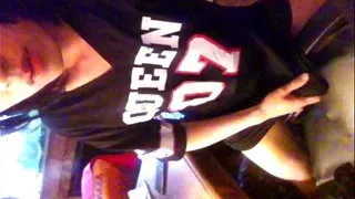 Twink rubbing his smooth cock on a seat and jerking off through the polyester of the tshirt