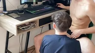 Step brother sucks my big cock while i play game and make me cum