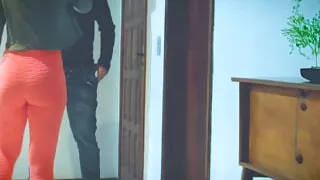 My husband in the bath and I fucking the neighbor in the living room.