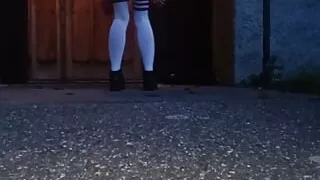 Outside of a church, stripping off all clothes, doggystyle and some sucking on this big cock